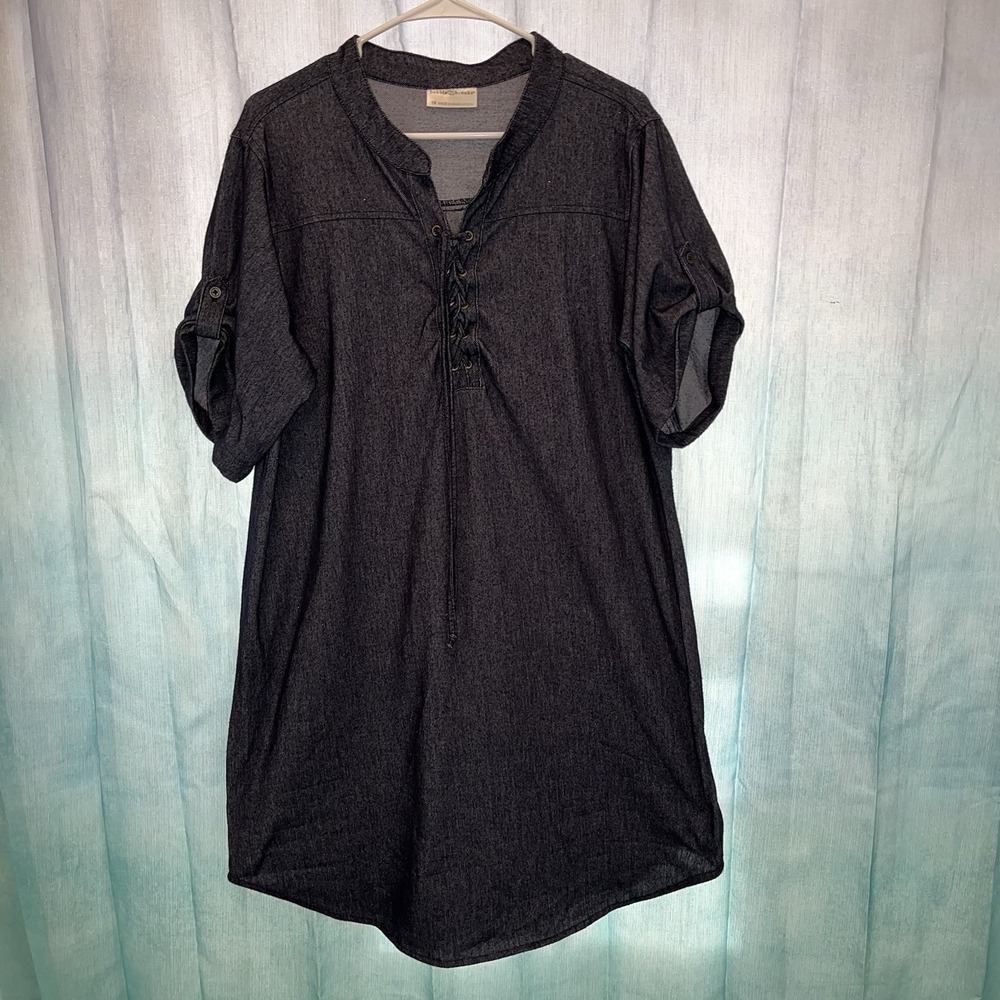 Bobbie Brooks Tunic Dress Women's 1X Blue Denim-Look Lace Up Roll Tab Sleeve